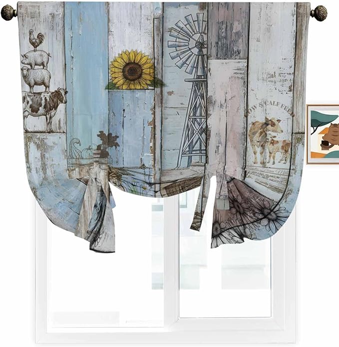 Tie Up Curtains for Windows, Blue Grey Wooden Adjustable Balloon Nature Linen Textured Kitchen Curtain, Farmhouse Barn Sunflowers Retro Room Darkening Curtains for Glass Door, 42 x 45 in