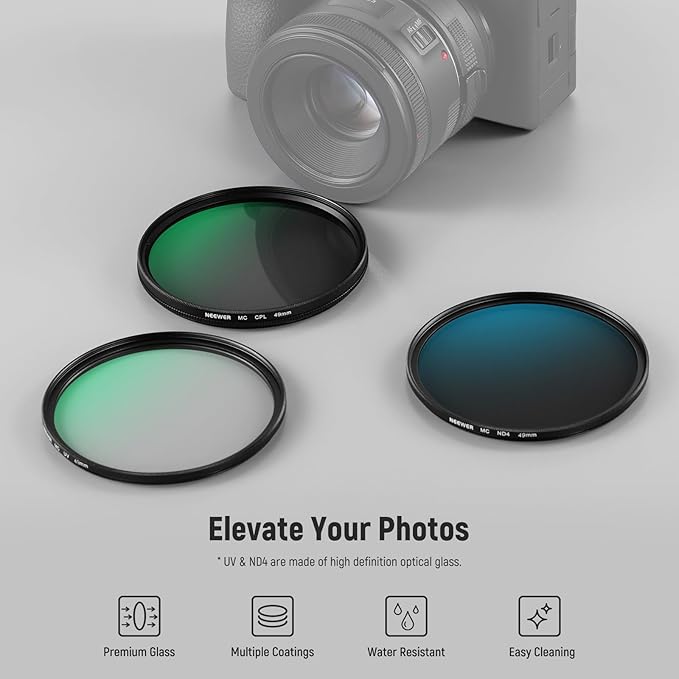 NEEWER 49mm UV/CPL/ND Lens Filter Kit with Hard Shell Storage Case, Multicoated Optical Glass & Aluminum Alloy Frame, UV + Circular Polarizer (CPL) + Neutral Density (ND4) Filter for Camera Lens