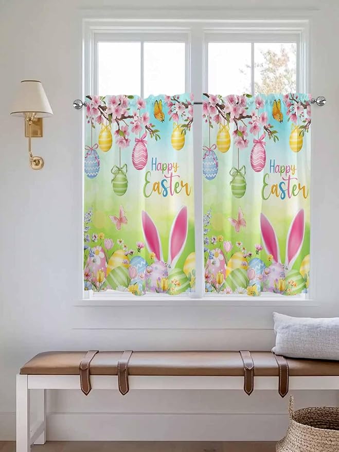 Easter Tier Curtains 45 Inches Long, Spring Bunny Colorful Rabbit Eggs Butterfly Blue Green Window Treatment Curtain Drapes, Small Curtain Drapes for Bathroom Laundry Room, 27.5"x45", 2 Panels
