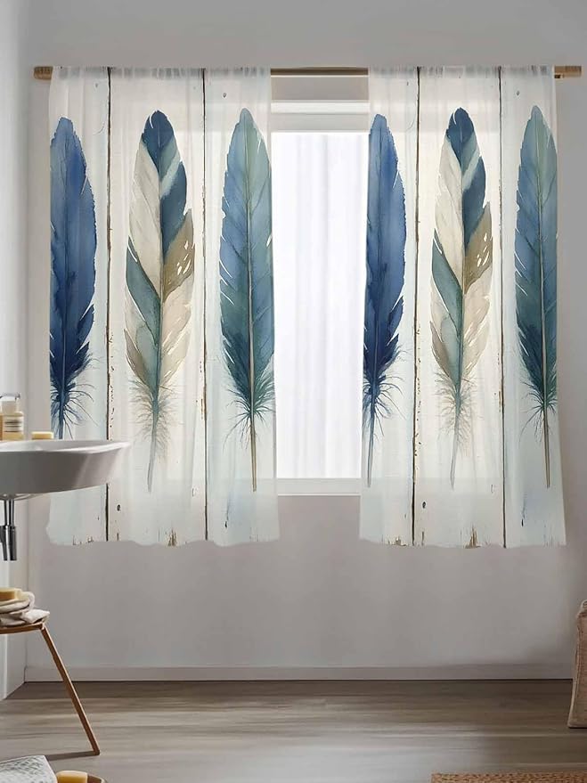 Sheer Curtains 63 Inch Length, Boho Blue Feathers Semi Sheer Curtains Light Filtering Window Treatment, Farmhouse Vintage Wooden Grain Privacy Voile Drapes for Living Room Bedroom 52x63 Inch