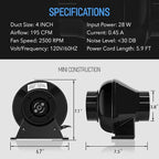 iPower 4" 195 CFM Inline Fan with Upgrade Air Carbon Filter, 8 FT Silver Ducting & Rope Hanger, Ventilation System for Grow Tent, Hydroponics, Air Circulation