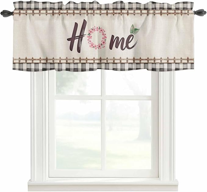 Spring Flowers Curtain Valances for Windows, Kitchen Valance Window Treatment, Vintage Watercolor Black Plaid on Linen Light Filtering Block Curtains for Bathroom/Bedroom/Living Room 42'' x 12''