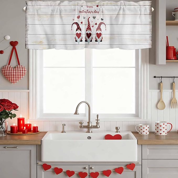Happy Valentine's Valance Curtains for Kitchen, Day Gnomes Love Heart on Rustic Wood Grain Privacy Rod Pocket Valance Curtain, Light-Filtering Window Treatment for Bedroom Bathroom, 60"x14"