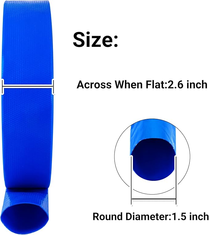 1-1/2"(Flat 2.6’’ width) x 100 FT Pool Backwash Hose, Blue Heavy Duty Reinforced PVC Lay Flat Water Discharge Hose for Swimming Pool Filter Pump,with 2 Clamp