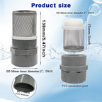 2" Stainless Steel Filter Cover Connected to 2 inch/DN50 Grey PVC Filter Water Pipe, Suction Strainers Used to Remove Debris and Reduce Solid Entry（1pcs）