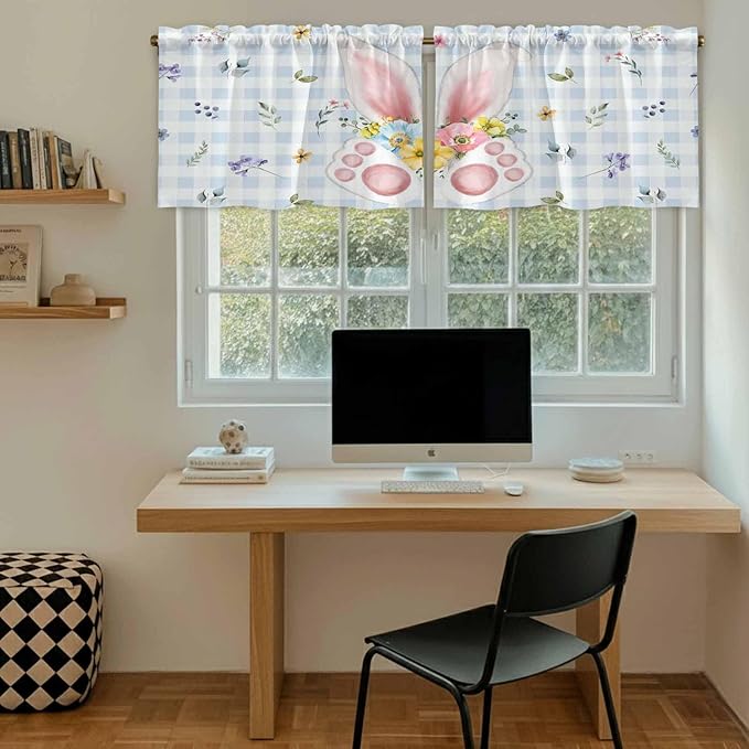 Easter Kitchen Tier Curtains 24 Inch Long 2 Panel Set,Rod Pocket Cafe Small Window Curtains Over Sink,Spring Rabbits Ears Feet Floral Blue Lattice Light Filtering Short Drapes 27.5"W x 24"L