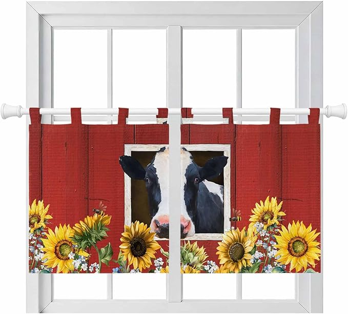 Cow Sunflowers Kitchen Curtains 36 Inch Length, Small Window Curtains Tab Top, Botanical Floral Leaves Bees Farm Barn Light Filtering Short Window Treatments Tier Drapes 27.5"x36" 2 Panel