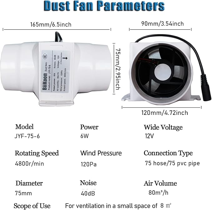3 Inch Duct Fan Variable Inline Exhaust Blower 12V Extractor Fan 47Cfm Powerful Universal Silent Fan Filter Booster for Hydroponics Home Use (Color : NO Adjustable Speed, Size : 6w)