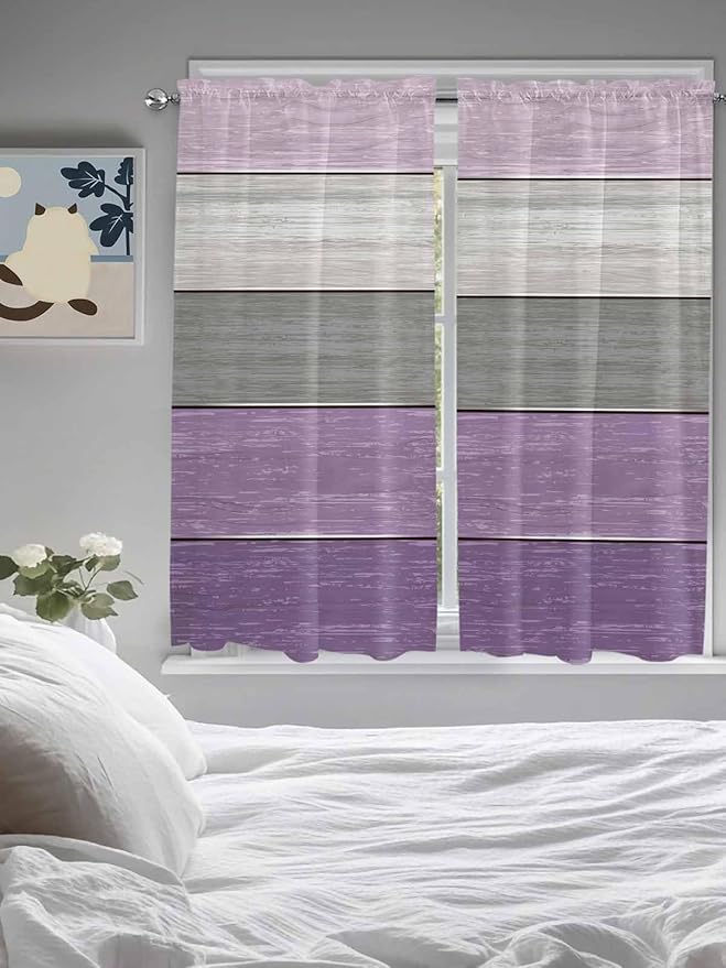 Country Wood Board Gray Purple Window Valance Curtains, Farmhouse Gradient Plank Light Filtering Kitchen Valance with 3-inch Rod Pocket for Living Room Bathroom Bedroom,2 Panel,42x63In