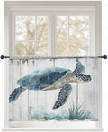 Sheer Curtains 45 Inch Length, Sea Turtle Teal Blue Semi Sheer Curtains Light Filtering Window Treatment, Summer Coastal Ocean Wood Grain Privacy Voile Drapes for Living Room Bedroom 52x45 Inch