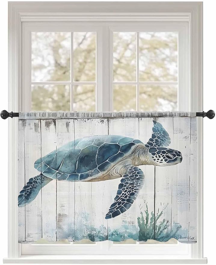 Sheer Curtains 54 Inch Length, Sea Turtle Teal Blue Semi Sheer Curtains Light Filtering Window Treatment, Summer Coastal Ocean Wood Grain Privacy Voile Drapes for Living Room Bedroom 52x54 Inch