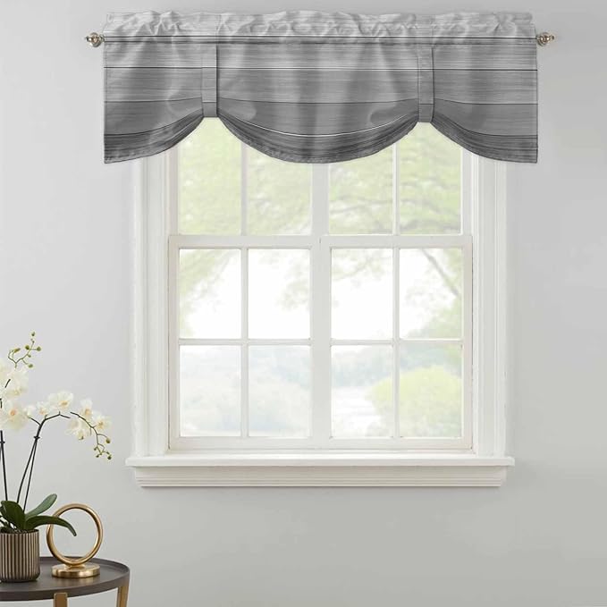 Grey Ombre Wooden Tie Up Valance Curtains for Windows, Kitchen Curtains Window Shades, Farmhouse Retro Gray Wood Gradient Light Filtering Roman Curtain Valances for Bedroom/Bathroom/Cafe 42"x12"