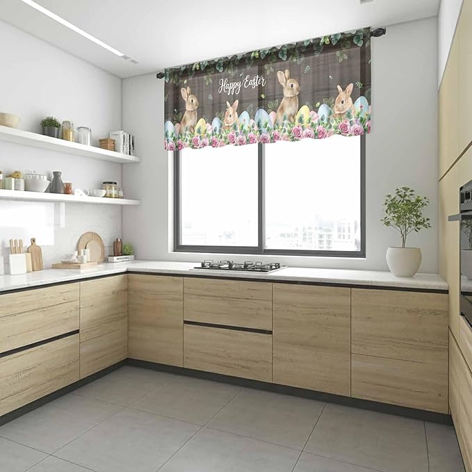 Easter Sheer Valances for Windows 54"x18", Light Filtering Kitchen Curtains Valance, Spring Watercolor Bunny Eggs Flower Leaf Wood Grain Rod Pocket Chiffon Curtains for Living Room Bedroom Cafe