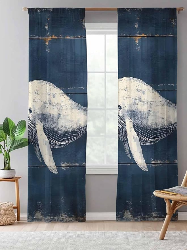 Sheer Curtains 96 Inches Long, Ocean Vintage Whale Semi Sheer Curtains Light Filtering Window Treatment, Summer Retro Wood Grain Privacy Voile Drapes for Living Room Bedroom 52x96 Inch