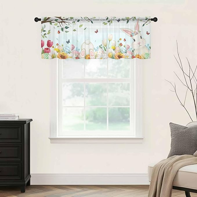 Easter Sheer Valances for Windows 60"x18", Light Filtering Kitchen Curtains Valance, Spring Watercolor Bunny Eggs Tulip Flower Plant Rod Pocket Chiffon Curtains for Living Room Bedroom Cafe