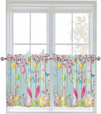 Happy Easter Half Window Curtain 36 Inches Long, Spring Bunny Eggs Flower Teal Wood Grain Window Treatment Curtain Drapes, Small Tier Curtains for Bathroom Over Sink, 27.5"x36", 2 Panels