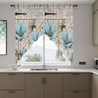 Teal Blue Tulips Swag Valances for Windows, Spring Floral Barn Doors Vintage Wood Beige Rod Pocket Kitchen Curtains Valance, Kitchen Window Curtains Swag for Cafe Living Room, 2 Panels, 36x63 inch