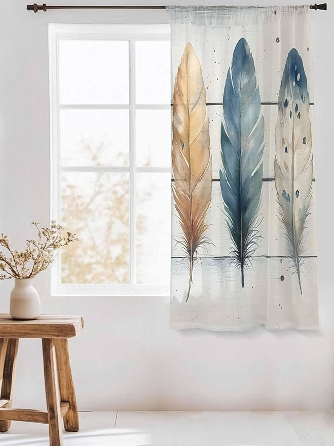 Sheer Curtains 72 Inches Long, Boho Blue Feathers Semi Sheer Curtains Light Filtering Window Treatment, Country Vintage Wooden Grain Privacy Voile Drapes for Living Room Bedroom 52x72 Inch