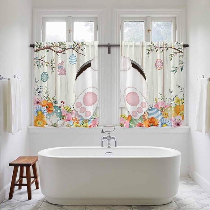 Easter Kitchen Curtains 54 Inch Long 2 Panel Set, Rod Pocket Window Curtains Panels, Spring Farmhouse Watercolor Bunny Eggs Wood Grain Light Filtering Privacy Draperies for Bedroom Laundry 42"W x 54"L