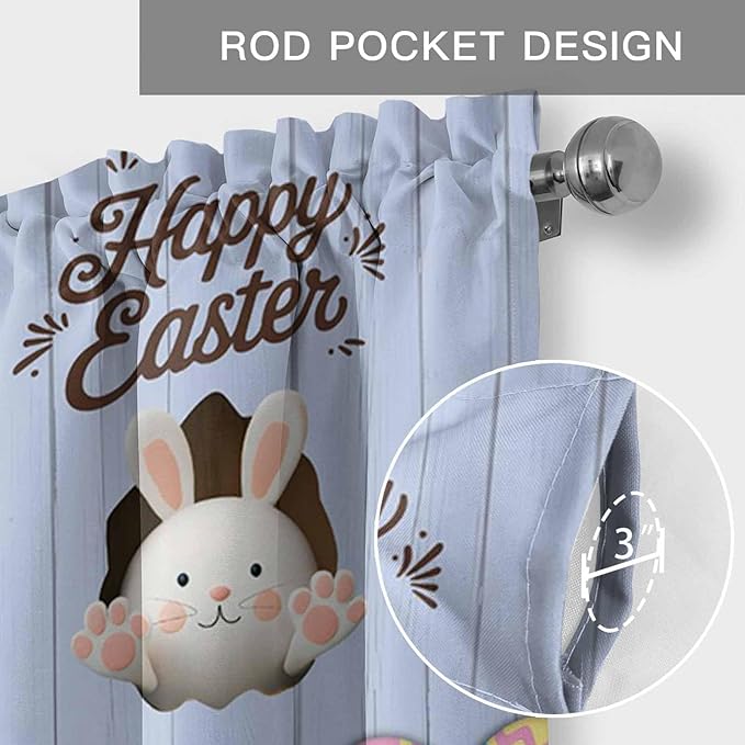 Blue Easter Curtain Valances for Windows, Kitchen Valance Window Treatment, Spring Cartoon Bunny Colorful Eggs Wood Grain Light Filtering Block Curtains for Bathroom/Bedroom/Living Room 42'' x 18''