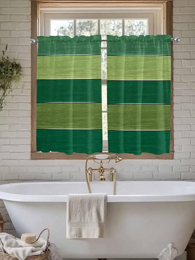 Farm Retro Green Wood Grain Window Valance Curtains, Rustic Wooden Plank Texture Light Filtering Kitchen Valance with 3-inch Rod Pocket for Living Room Bathroom Bedroom,2 Panel,52x54In