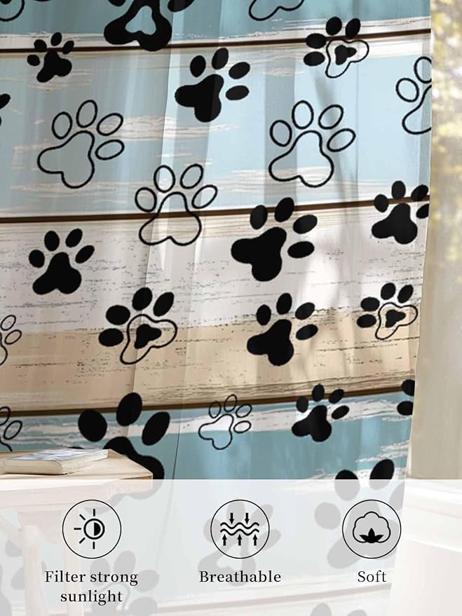 Sheer Curtains 54 Inch Length, Blue Beige Paw Print Semi Sheer Curtains Light Filtering Window Treatment, Vintage Farmhouse Country Wood Grain Privacy Voile Drapes for Living Room Bedroom 52x54 Inch