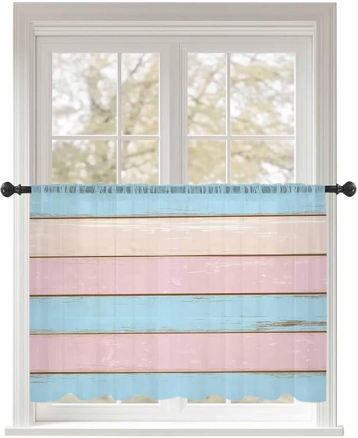 Sheer Curtains 54 Inch Length, Pink Blue Wood Grain Semi Sheer Curtains Light Filtering Window Treatment, Farmhouse Country Shabby Striped Privacy Voile Drapes for Living Room Bedroom 52x54 Inch