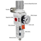 NANPU 1/2" NPT Compressed Air Filter Regulator Combo Piggyback, 5 Micron Brass Element, Poly Bowl, Semi-Auto Drain, Metal Bracket, 0-150 psi Gauge