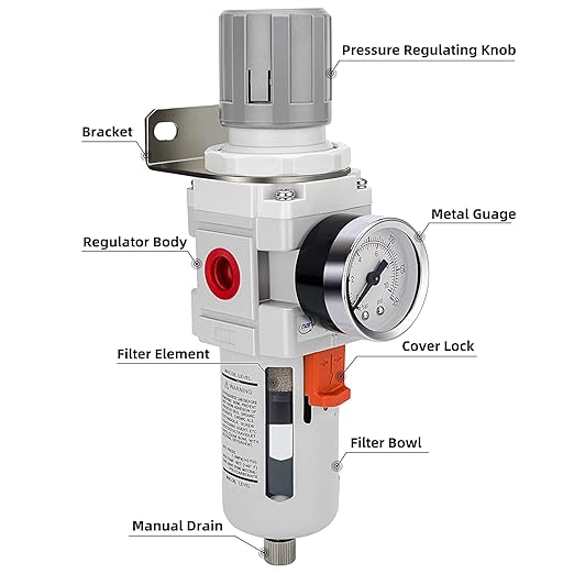 NANPU 3/8" NPT Compressed Air Filter Regulator Combo Piggyback, Semi-Auto Drain, 5 Micron Brass Element, Poly Bowl, Metal Bracket, 0-150 psi Gauge