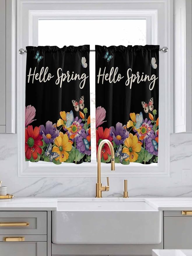 Spring Flowers Kitchen Curtains 45 Inches length, Watercolor Country Colorful Floral Black Window Treatment Curtain Drapes, Lightweight Window Panels for Living Room Bedroom, 52"x45", 2 Panels