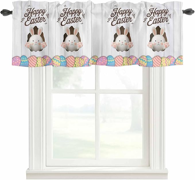 Grey Easter Curtain Valances for Windows, Kitchen Valance Window Treatment, Spring Cartoon Bunny Colorful Eggs Wood Grain Light Filtering Block Curtains for Bathroom/Bedroom/Living Room 54'' x 18''