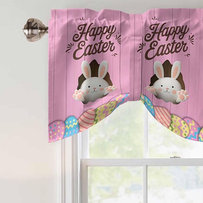 Pink Easter Tie Up Valance Curtains for Windows,Kitchen Curtains Window Shades,Easter Bunny Eggs Spring Cartoon Farmhouse Wood Grain Light Filtering Curtain Valances for Bedroom/Bathroom/Cafe 42"x18"