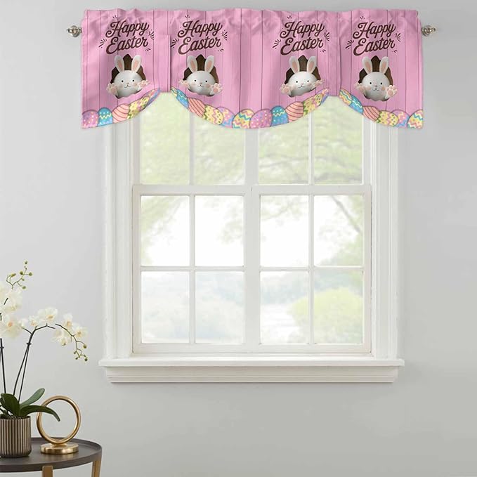 Pink Easter Tie Up Valance Curtains for Windows,Kitchen Curtains Window Shades,Easter Bunny Eggs Spring Cartoon Farmhouse Wood Grain Light Filtering Curtain Valances for Bedroom/Bathroom/Cafe 60"x18"