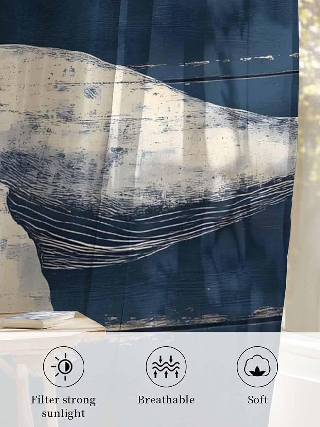 Sheer Curtains 96 Inches Long, Ocean Vintage Whale Semi Sheer Curtains Light Filtering Window Treatment, Summer Retro Wood Grain Privacy Voile Drapes for Living Room Bedroom 52x96 Inch
