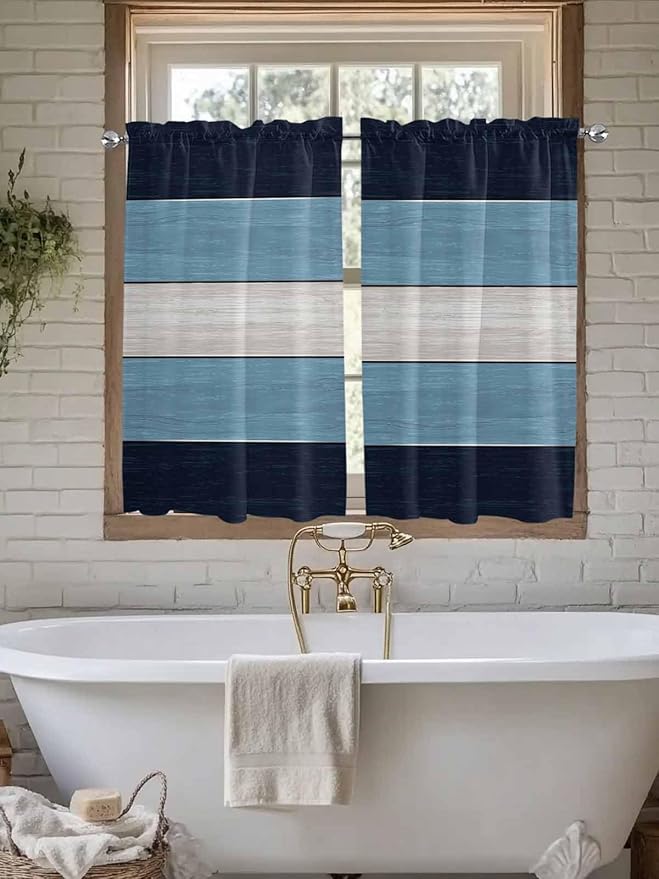 Vintage Country Woodcuts Window Valance Curtains, Blue Gradient Striped Light Filtering Kitchen Valance with 3-inch Rod Pocket for Living Room Bathroom Bedroom,2 Panel,52x45In