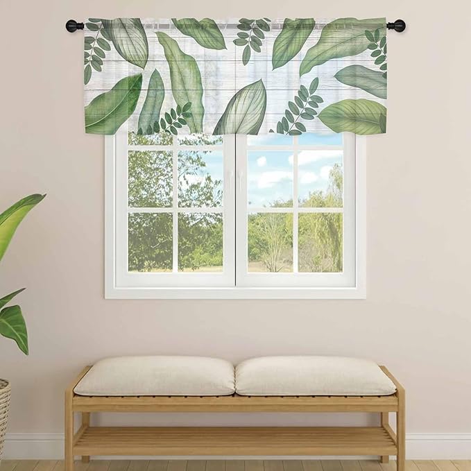 Summer Palm Leaf Sheer Valance Curtains, Green Tropical Plants Nature Leaves Wood Grain Light Filtering Kitchen Valances Rod Pocket Voile Curtain Treatment for Bedroom/Living Room/Basement 60Wx18L
