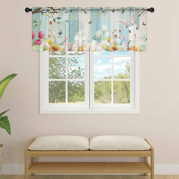 Easter Sheer Valances for Windows 42"x18", Light Filtering Kitchen Curtains Valance, Spring Watercolor Bunny Eggs Tulip Wooden Grain Rod Pocket Chiffon Curtains for Living Room Bedroom Cafe
