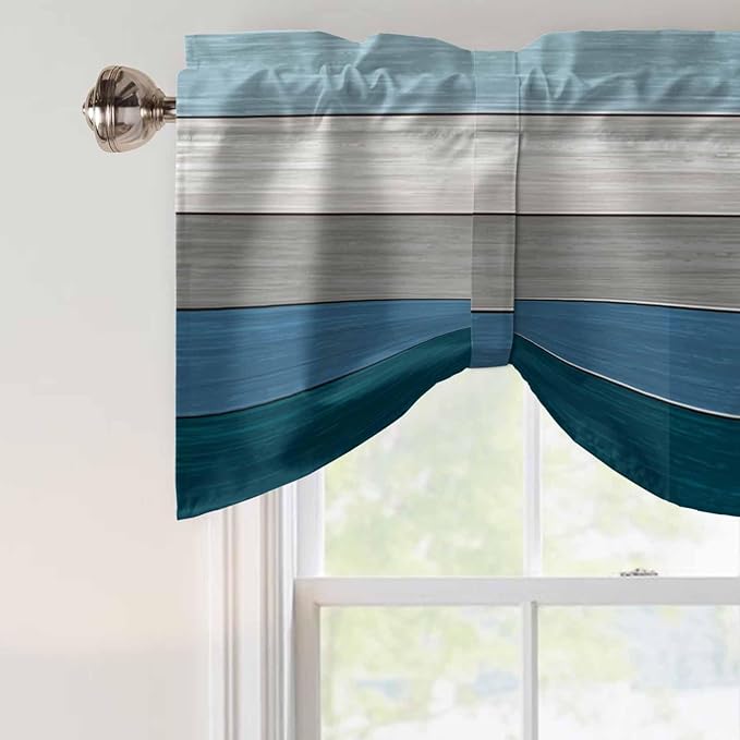 Blue Ombre Wooden Tie Up Valance Curtains for Windows, Kitchen Curtains Window Shades, Farmhouse Retro Wood Gradient Light Filtering Roman Curtain Valances for Bedroom/Bathroom/Cafe 54"x18"