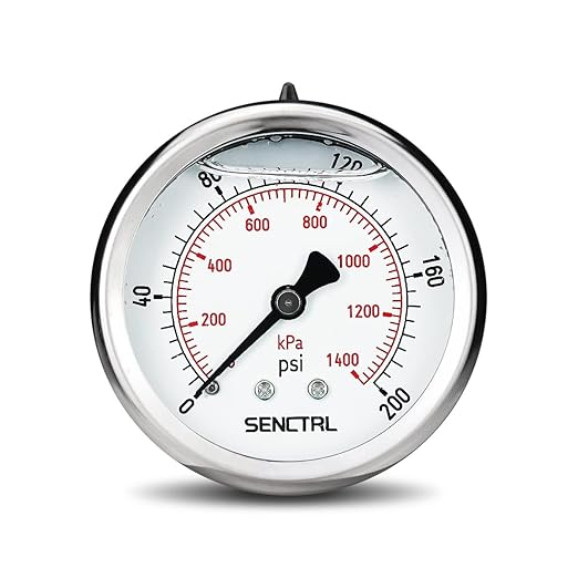 SENCTRL 0-200 Psi Glycerin Liquid Filled Pressure Gauge, 2.5" Dial Size, 1/4" NPT Back Mount, Stainless Steel Case, for Water Oil Pressure Test in Pipe Pool Pump Sand Filter Air Compressor