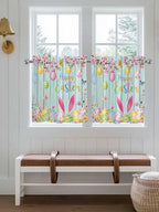 Happy Easter Half Window Curtain 36 Inches Long, Spring Bunny Eggs Flower Teal Wood Grain Window Treatment Curtain Drapes, Small Tier Curtains for Bathroom Over Sink, 27.5"x36", 2 Panels