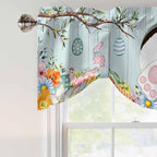 Easter Bunny Tie Up Valance Curtains for Windows, Kitchen Curtains Window Shades, Easter Eggs Spring Farmhouse Wood Grain Teal Blue Light Filtering Curtain Valances for Bedroom/Bathroom/Cafe 54"x18"