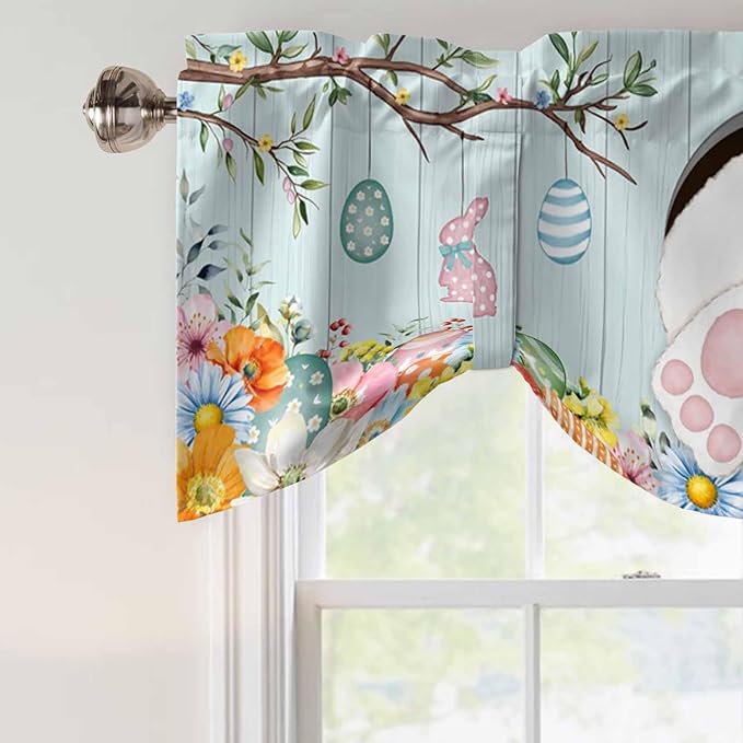 Easter Bunny Tie Up Valance Curtains for Windows, Kitchen Curtains Window Shades, Easter Eggs Spring Farmhouse Wood Grain Teal Blue Light Filtering Curtain Valances for Bedroom/Bathroom/Cafe 42"x12"