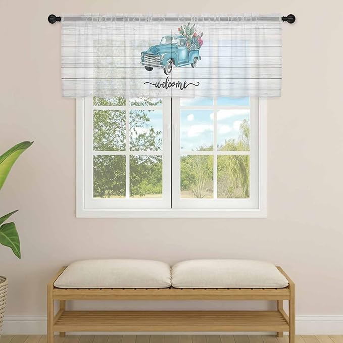 Welcome Sheer Valance Curtains, Summer Car with Cactus Succulents Grey Wood Grain Light Filtering Kitchen Valances Rod Pocket Voile Curtain Window Treatment for Bedroom/Living Room/Basement 60Wx18L