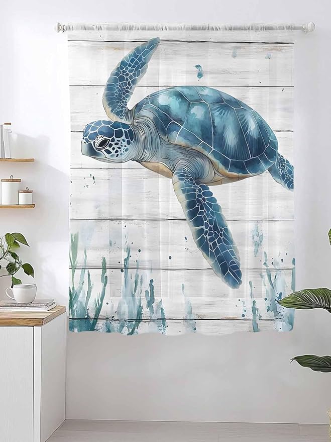 Sheer Curtains 63 Inch Length, Teal Green Ocean Turtle Semi Sheer Curtains Light Filtering Window Treatment, Coastal Seaweed Wood Grain Privacy Voile Drapes for Living Room Bedroom 52x63 Inch