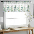 Eucalyptus Leaves Daisy Sheer Valance Curtains, Summer Farmhouses Gray Plaid Light Filtering Kitchen Valances Rod Pocket Voile Curtain Window Treatment for Bedroom/Living Room/Basement 42Wx12L