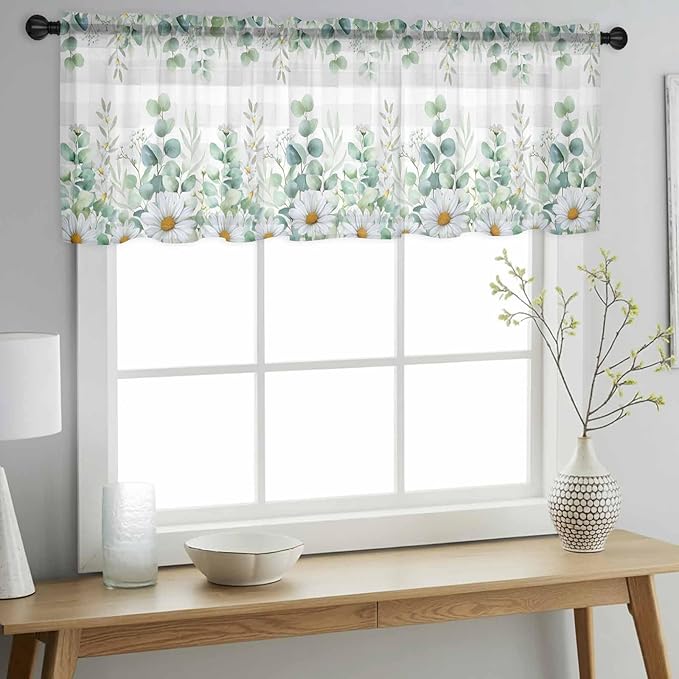 Eucalyptus Leaves Daisy Sheer Valance Curtains, Summer Farmhouses Gray Plaid Light Filtering Kitchen Valances Rod Pocket Voile Curtain Window Treatment for Bedroom/Living Room/Basement 60Wx18L