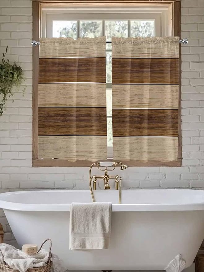Retro Country Brown Wooden Board Window Valance Curtains, Farmhouse Gradient Plank Light Filtering Kitchen Valance with 3-inch Rod Pocket for Living Room Bathroom Bedroom,2 Panel,52x54In