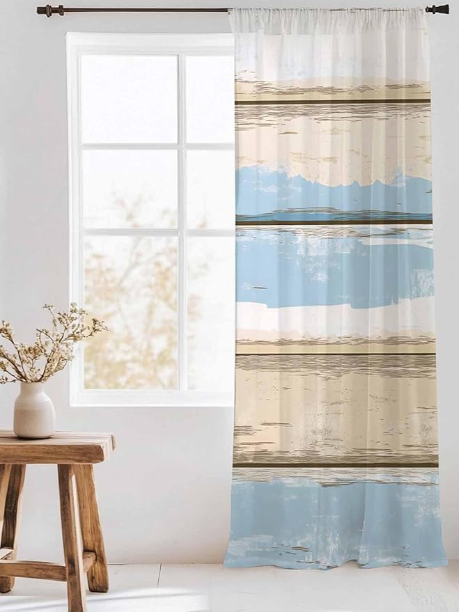 Sheer Curtains 108 Inches Long, Vintage Geometric Blue Semi Sheer Curtains Light Filtering Window Treatment, Abstract Country Shabby Wood Grain Privacy Voile Drapes for Living Room Bedroom 52x108 Inch