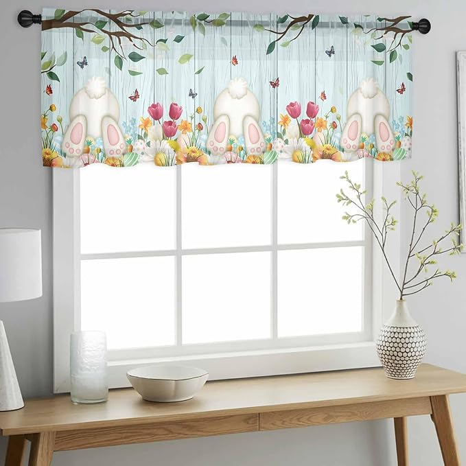 Easter Sheer Valances for Windows 60"x18", Light Filtering Kitchen Curtains Valance, Spring Watercolor Eggs Tulip Wooden Grain Teal Rod Pocket Chiffon Curtains for Living Room Bedroom Cafe