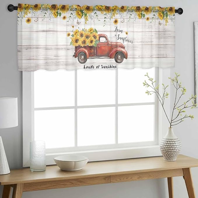 Farmhouses Sunflowers Sheer Valance Curtains, Retro Floral Leaves Red Truck Wood Grain Light Filtering Kitchen Valances Rod Pocket Voile Curtain Treatment for Bedroom/Living Room/Basement 54Wx18L